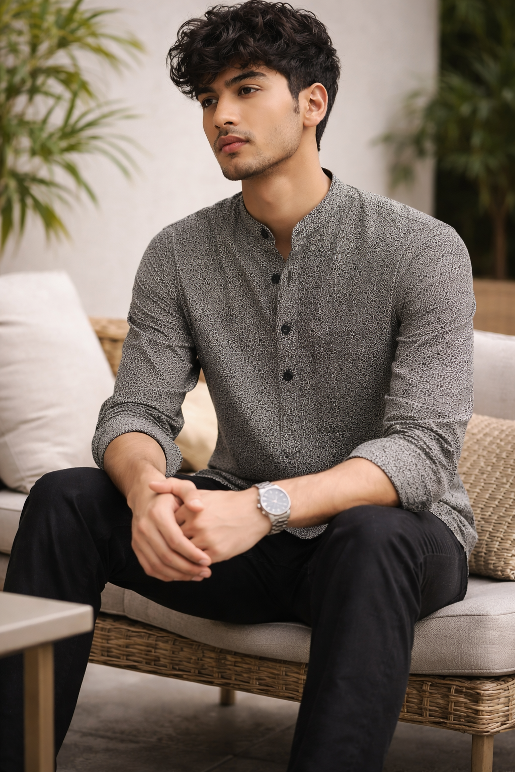 Stone-Pattern Print Modern Ethnic Short Kurta for Men – 24267