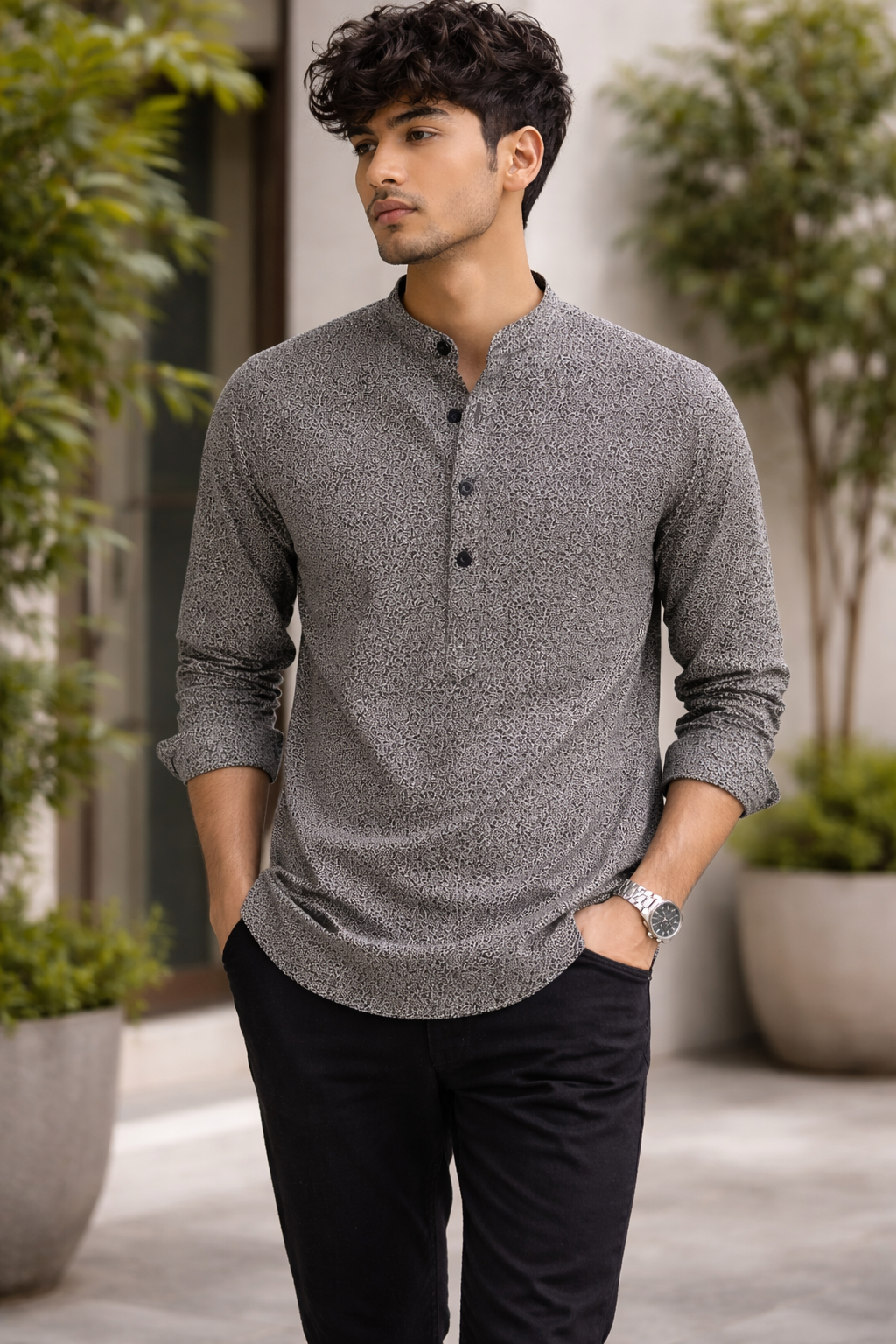 Stone-Pattern Print Modern Ethnic Short Kurta for Men – 24267