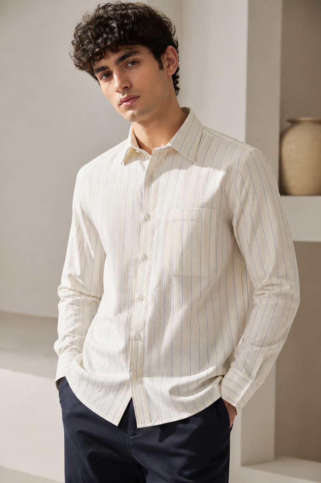 Rocck'z Premium Cream Herringbone Self-Textured Shirt with Blue Pinstripes