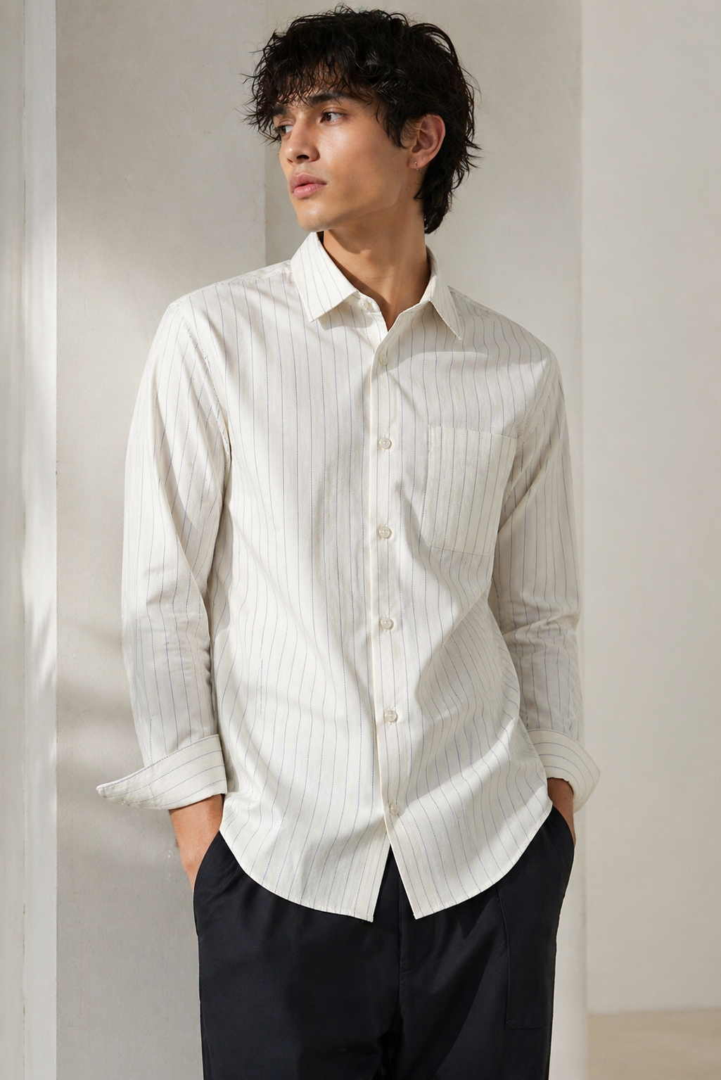 Rocck'z Premium Cream Herringbone Self-Textured Shirt with Blue Pinstripes
