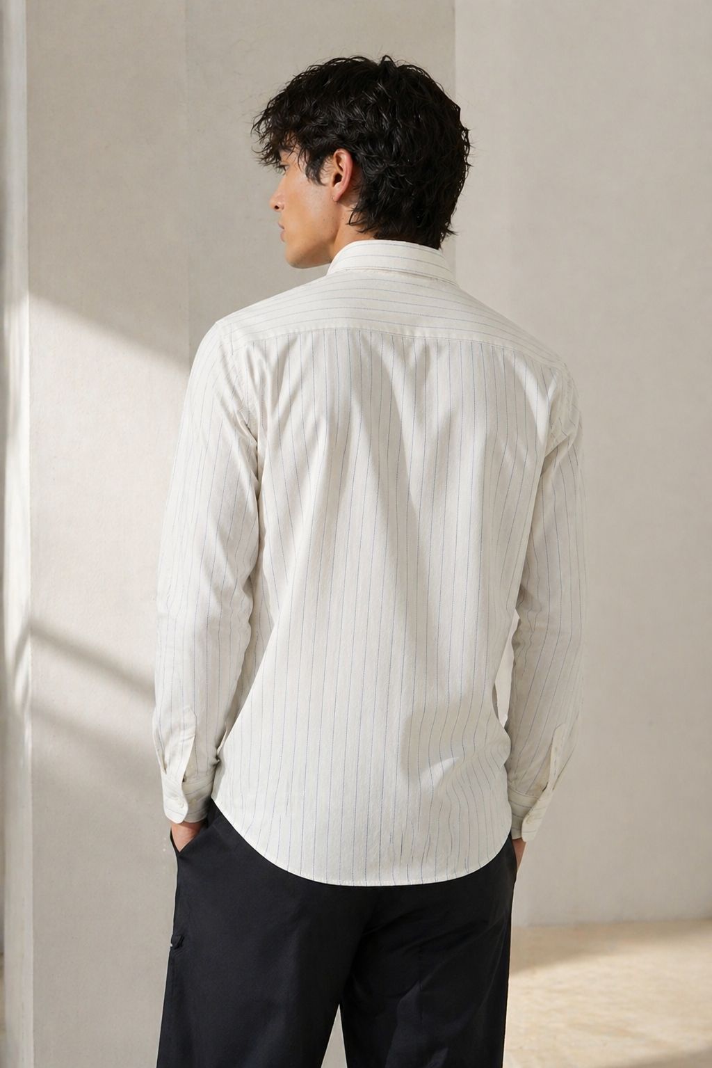 Rocck'z Premium Cream Herringbone Self-Textured Shirt with Blue Pinstripes