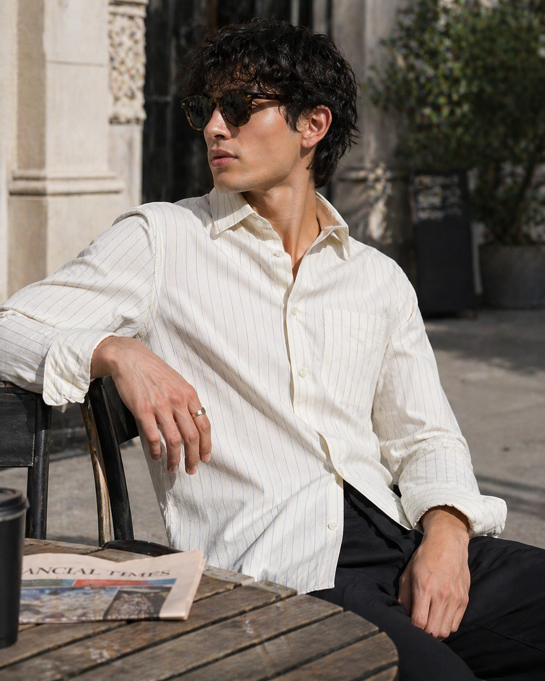 Rocck'z Premium Cream Herringbone Self-Textured Shirt with Blue Pinstripes