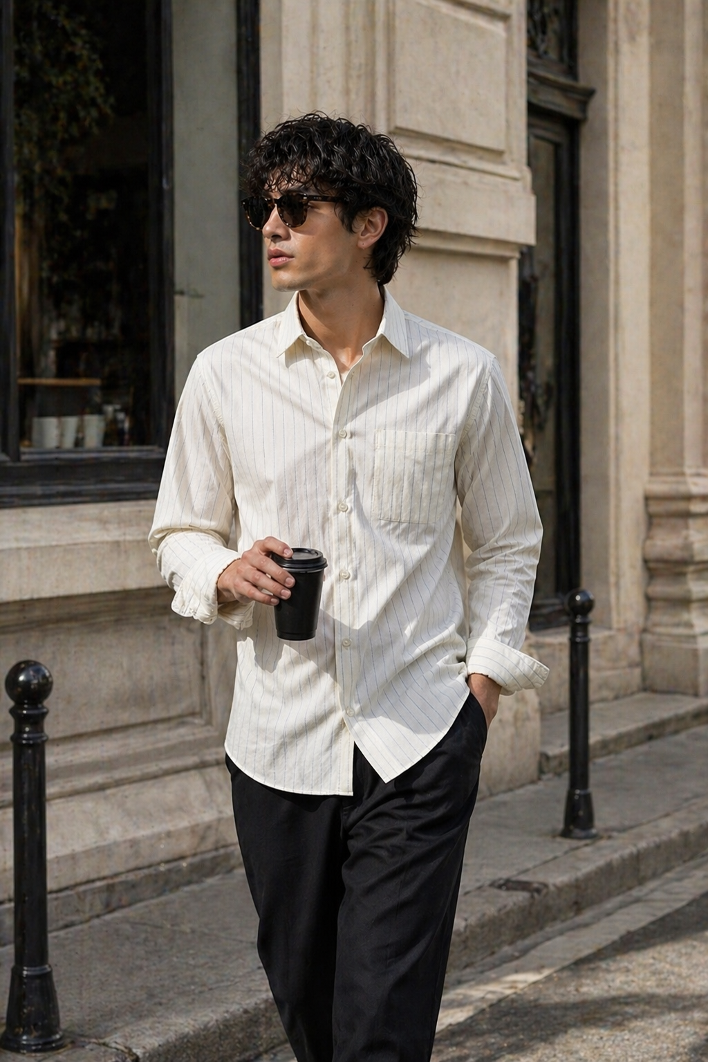 Rocck'z Premium Cream Herringbone Self-Textured Shirt with Blue Pinstripes
