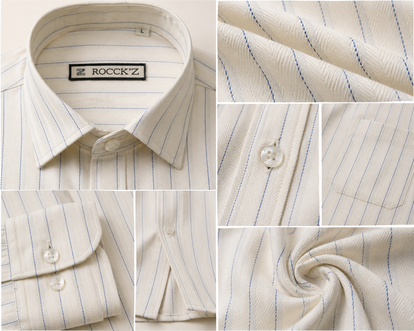 Rocck'z Premium Cream Herringbone Self-Textured Shirt with Blue Pinstripes