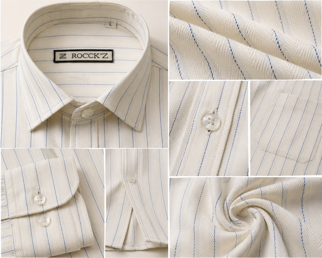 Rocck'z Premium Cream Herringbone Self-Textured Shirt with Blue Pinstripes