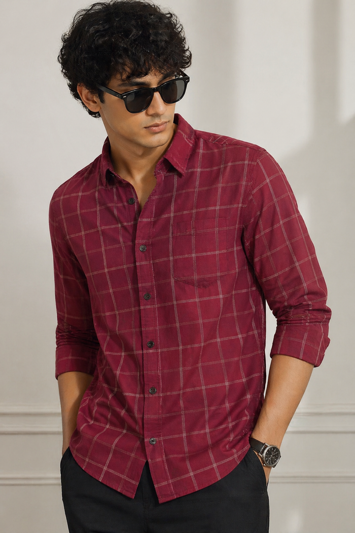Burgundy & White Grid Pattern Premium Shirt - 25228