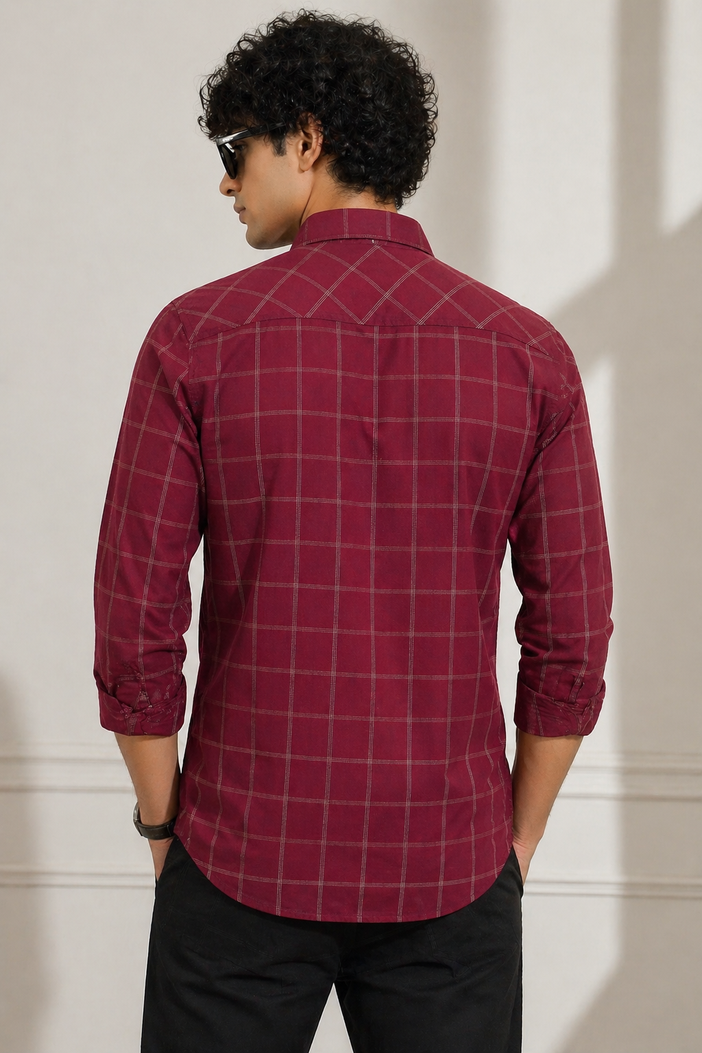 Burgundy & White Grid Pattern Premium Shirt - 25228