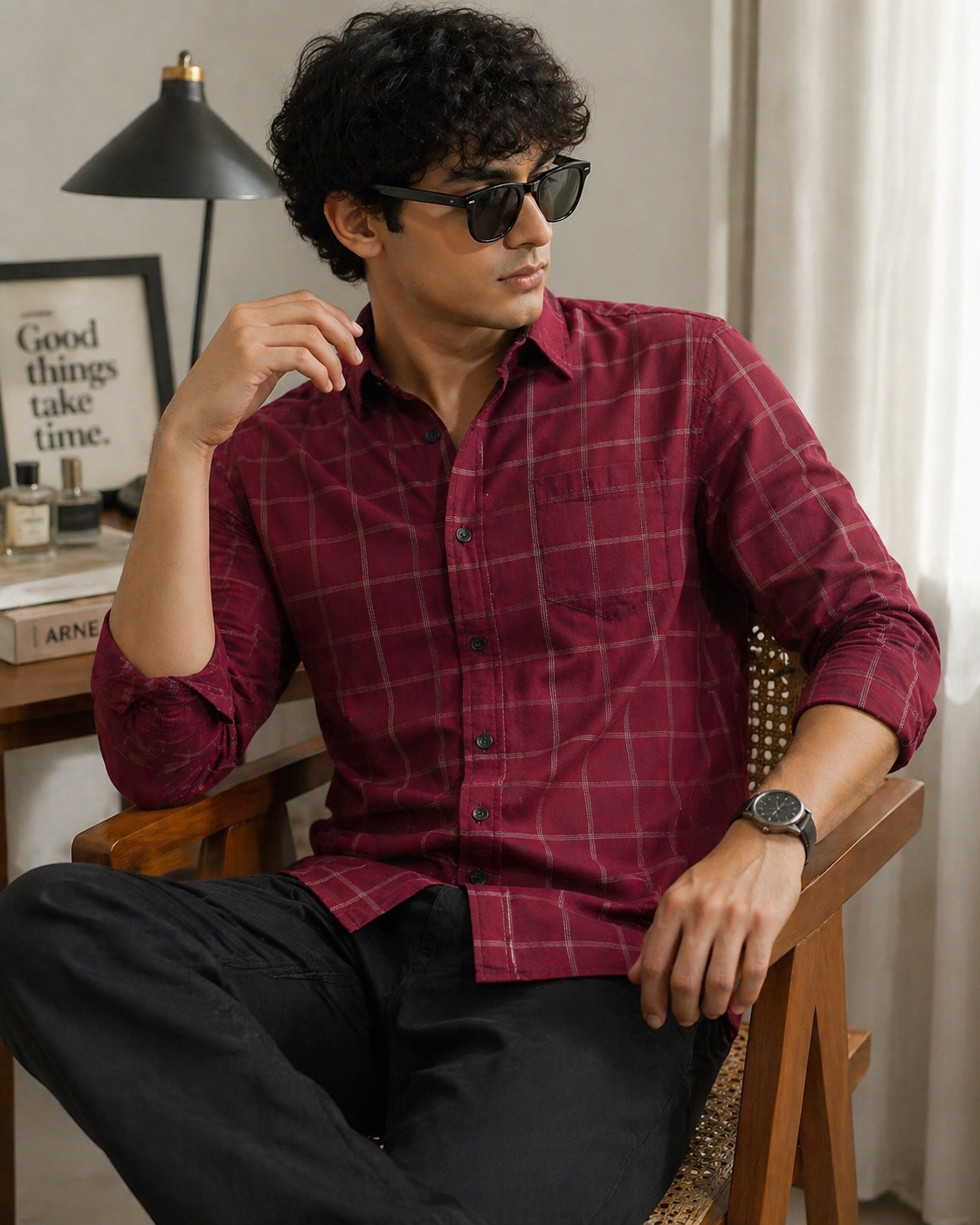 Burgundy & White Grid Pattern Premium Shirt - 25228