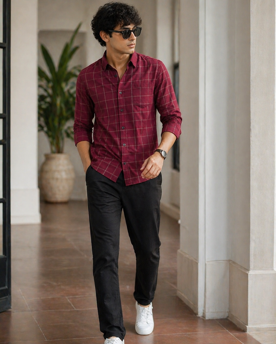 Burgundy & White Grid Pattern Premium Shirt - 25228