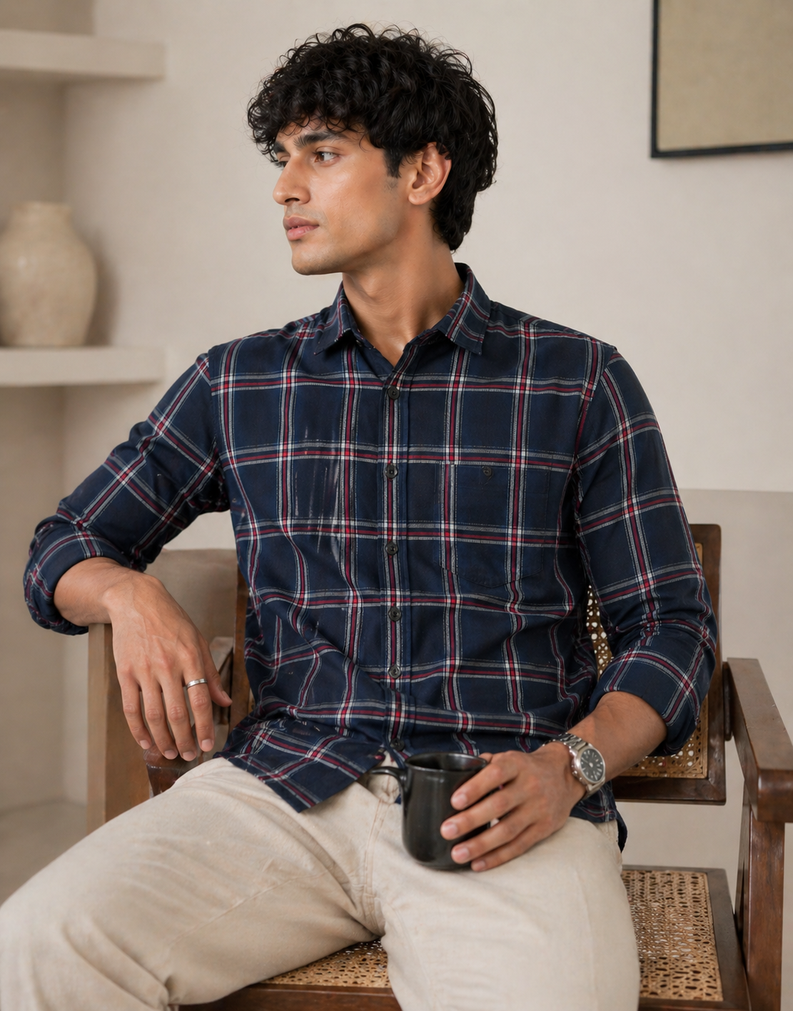 Navy Blue & Multi-Check Pattern Premium Shirt - 24471