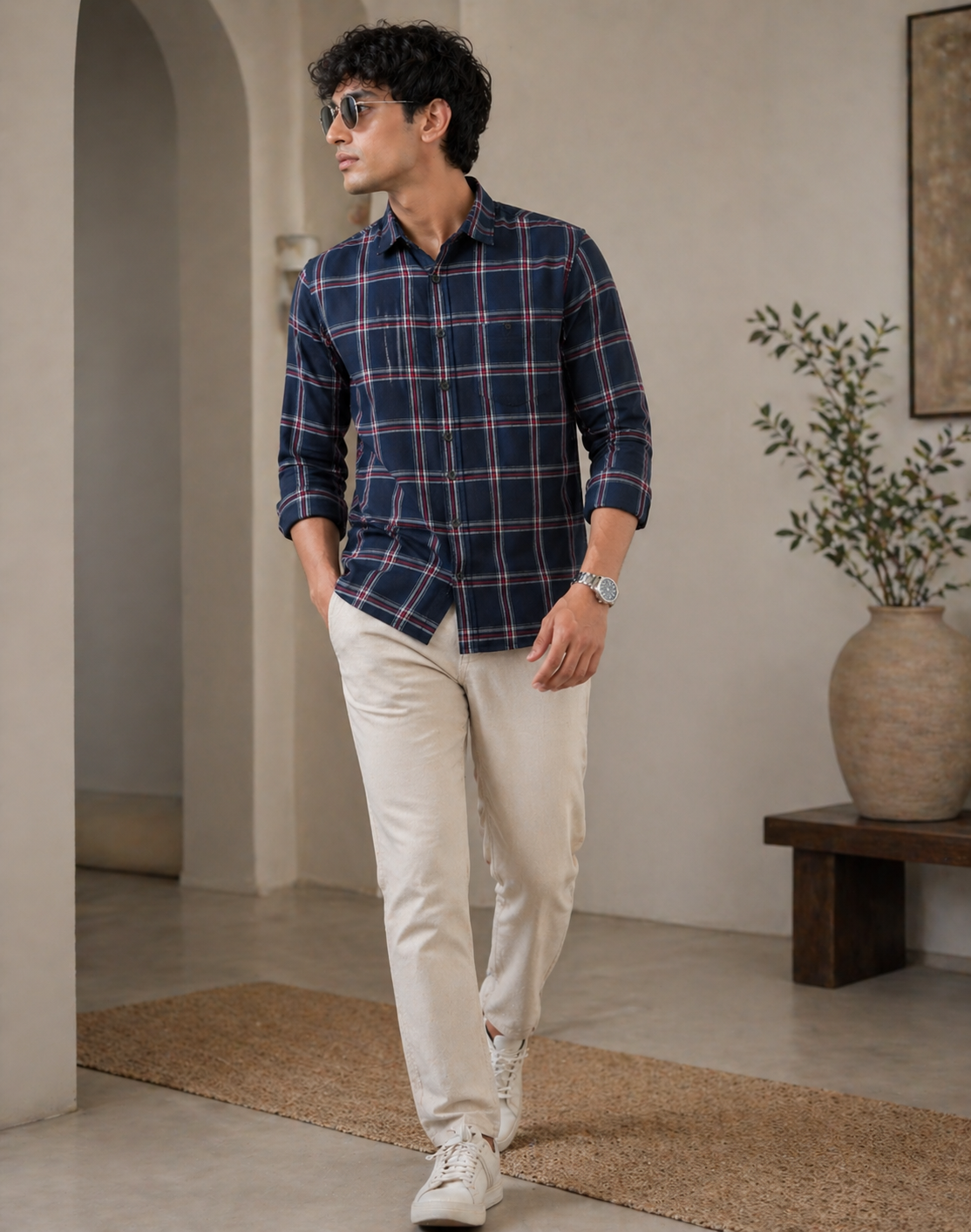 Navy Blue & Multi-Check Pattern Premium Shirt - 24471