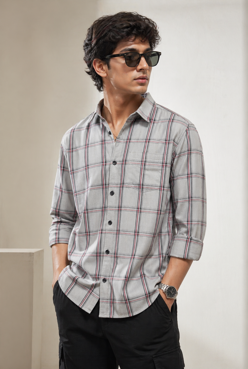 Light Grey & Multi-Line Plaid Premium Shirt - 24472