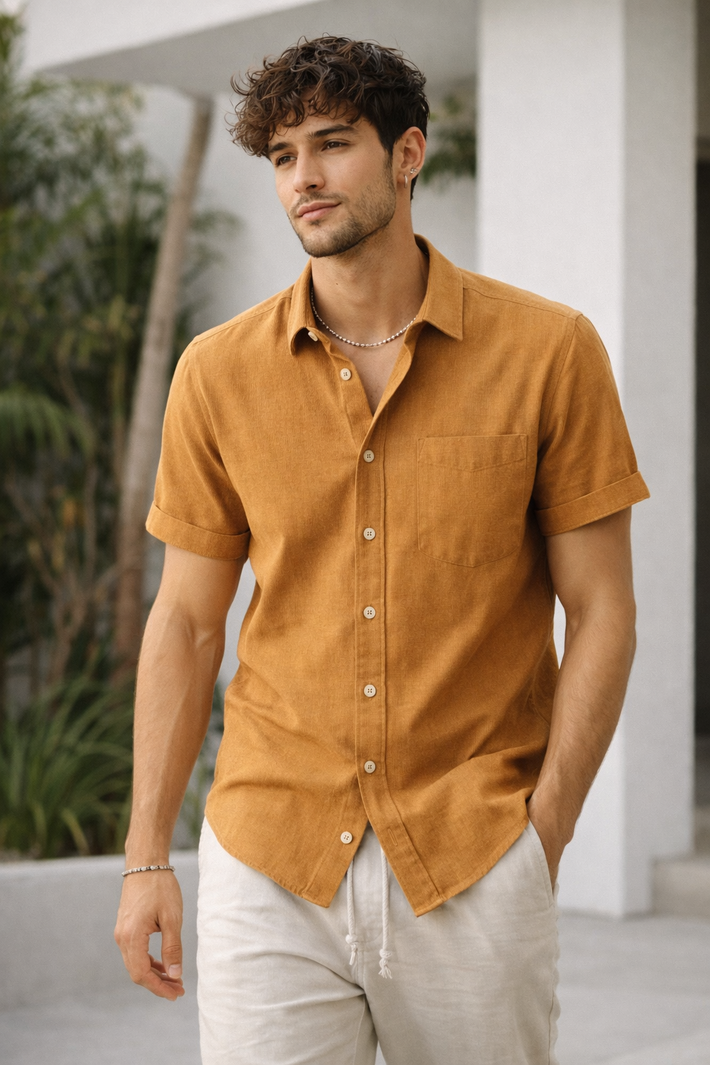 Men’s Regular Fit Mustard Ochre Cotton Shirt - 25704