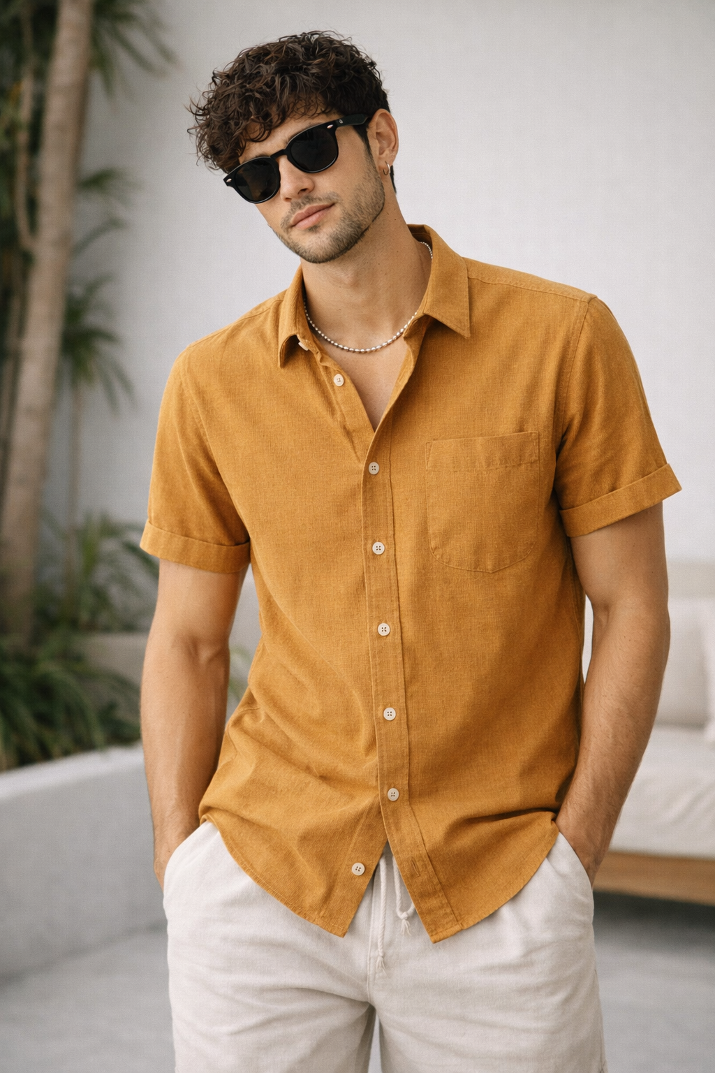 Men’s Regular Fit Mustard Ochre Cotton Shirt - 25704