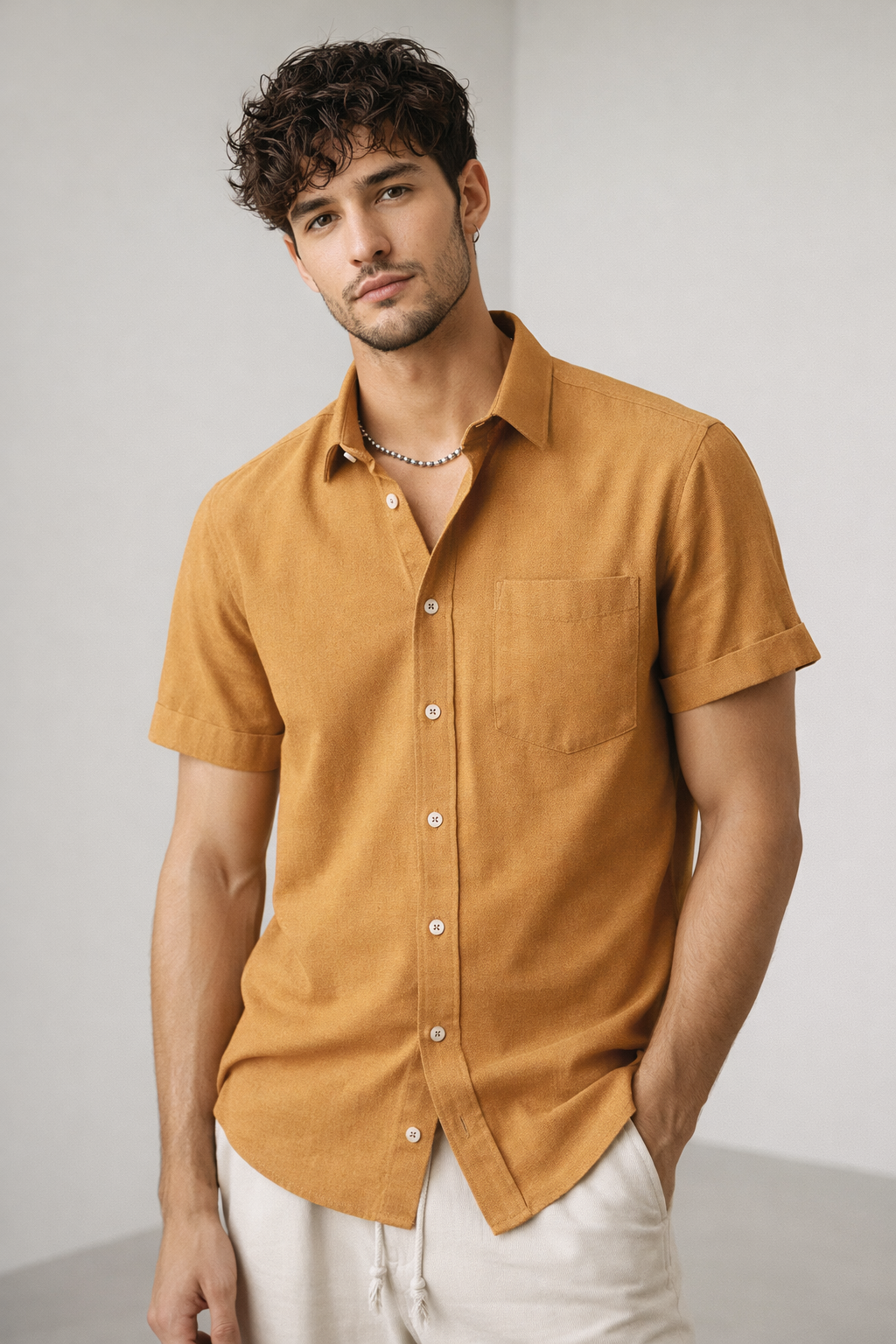 Men’s Regular Fit Mustard Ochre Cotton Shirt - 25704