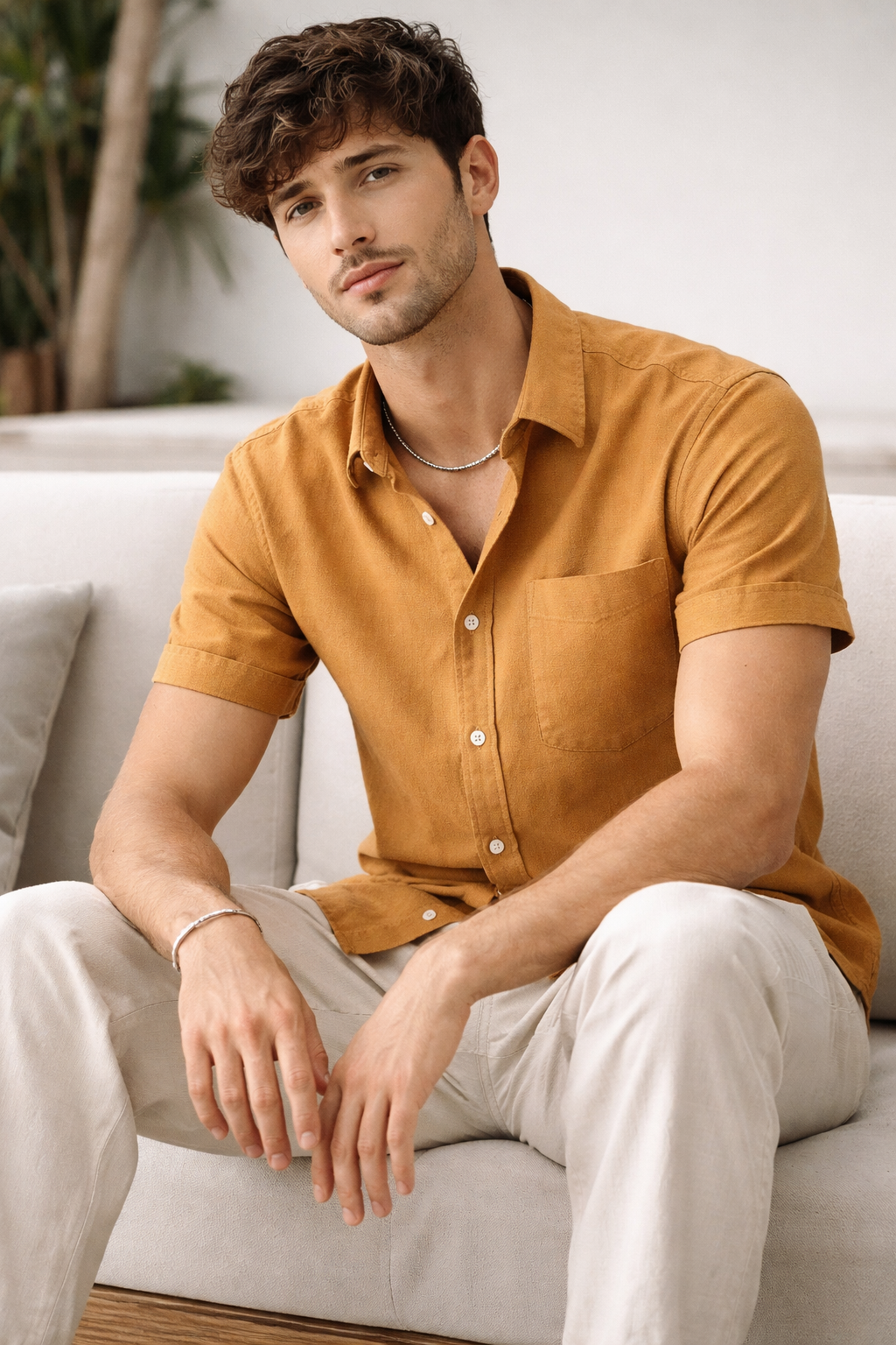 Men’s Regular Fit Mustard Ochre Cotton Shirt - 25704