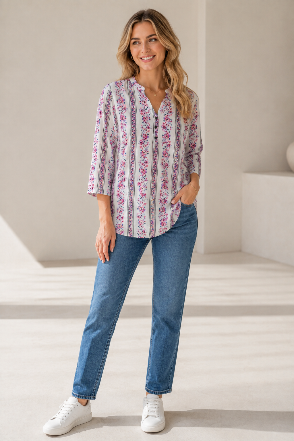 Women's White & Purple Floral Printed Short Kurti - 27204
