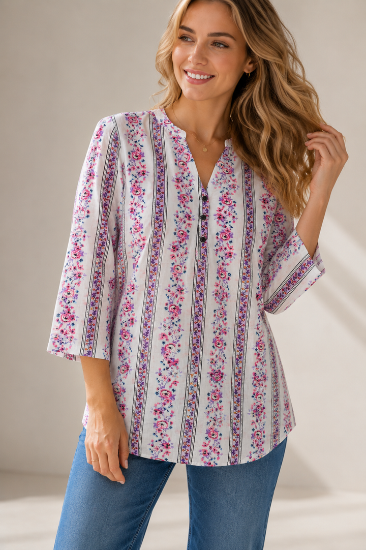 Women's White & Purple Floral Printed Short Kurti - 27204