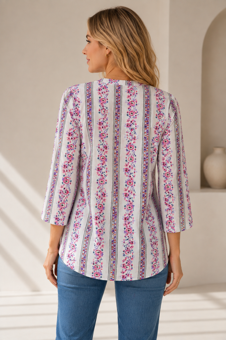 Women's White & Purple Floral Printed Short Kurti - 27204