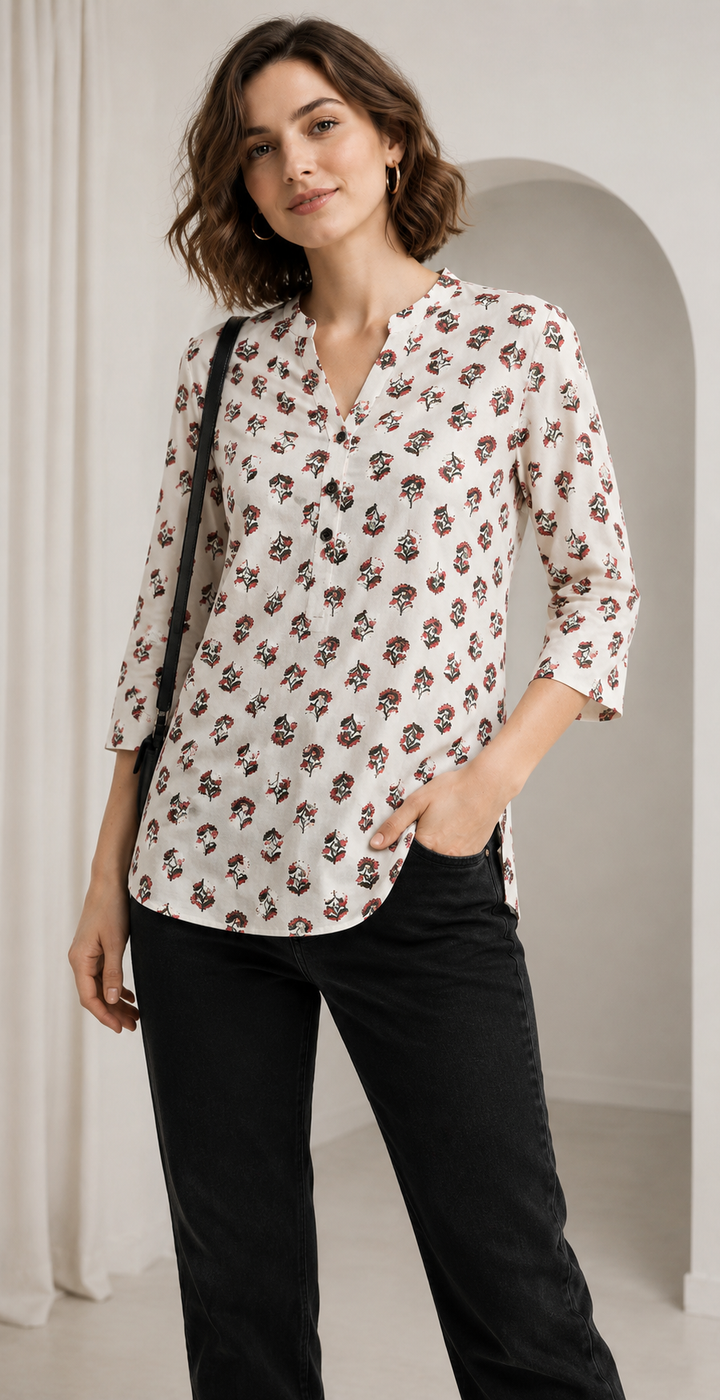 Women's White and Pink Floral Block Print Short Kurti - 27196