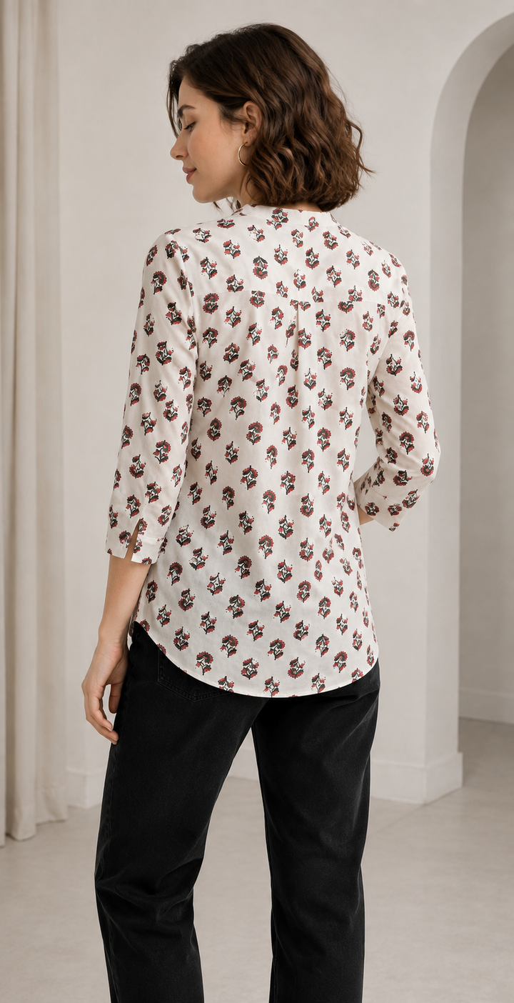 Women's White and Pink Floral Block Print Short Kurti - 27196
