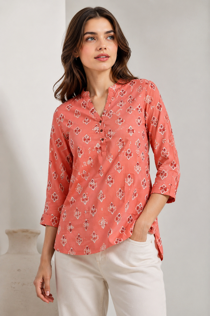 Women's Peach and White Ethnic Printed Short Kurti - 27207