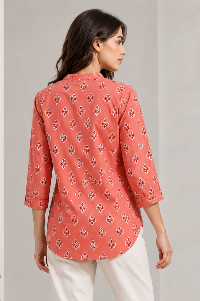Women's Peach and White Ethnic Printed Short Kurti - 27207