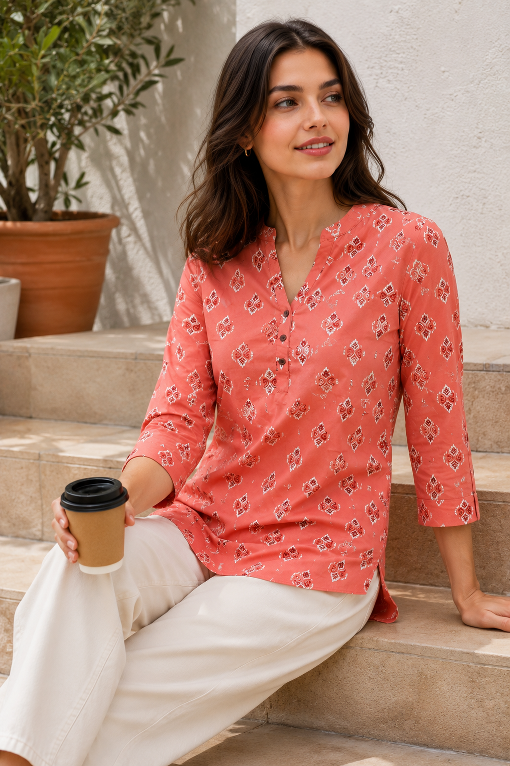Women's Peach and White Ethnic Printed Short Kurti - 27207