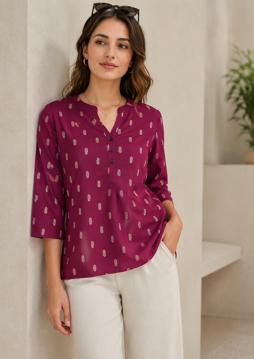Women's Maroon and Gold-Toned Leaf Printed Short Kurti - 27227