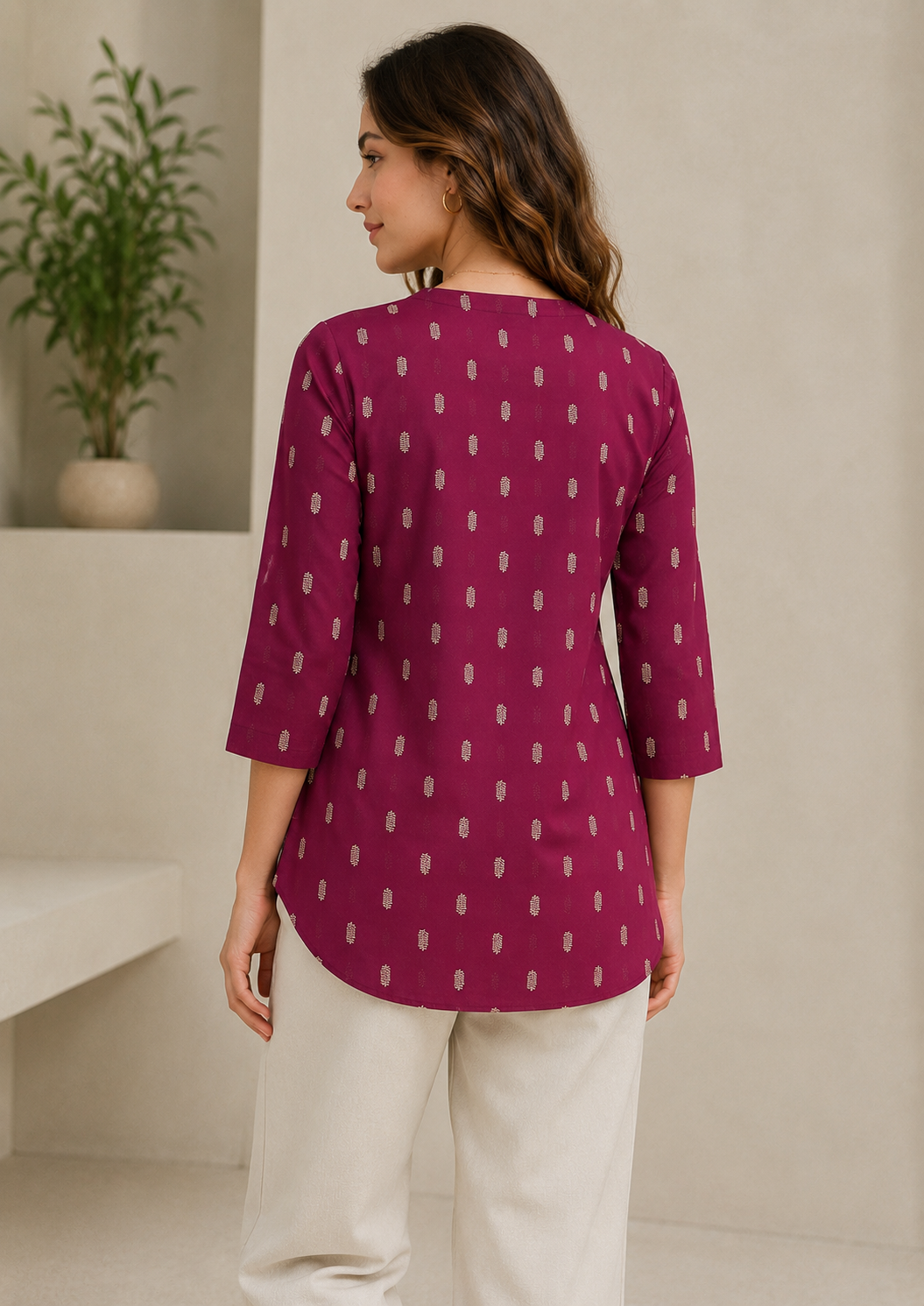 Women's Maroon and Gold-Toned Leaf Printed Short Kurti - 27227