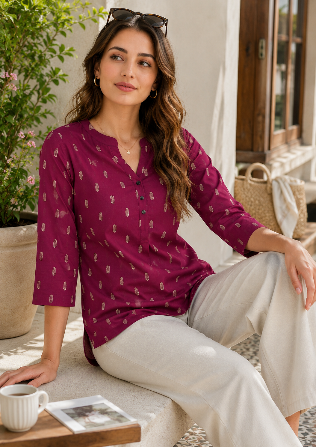 Women's Maroon and Gold-Toned Leaf Printed Short Kurti - 27227