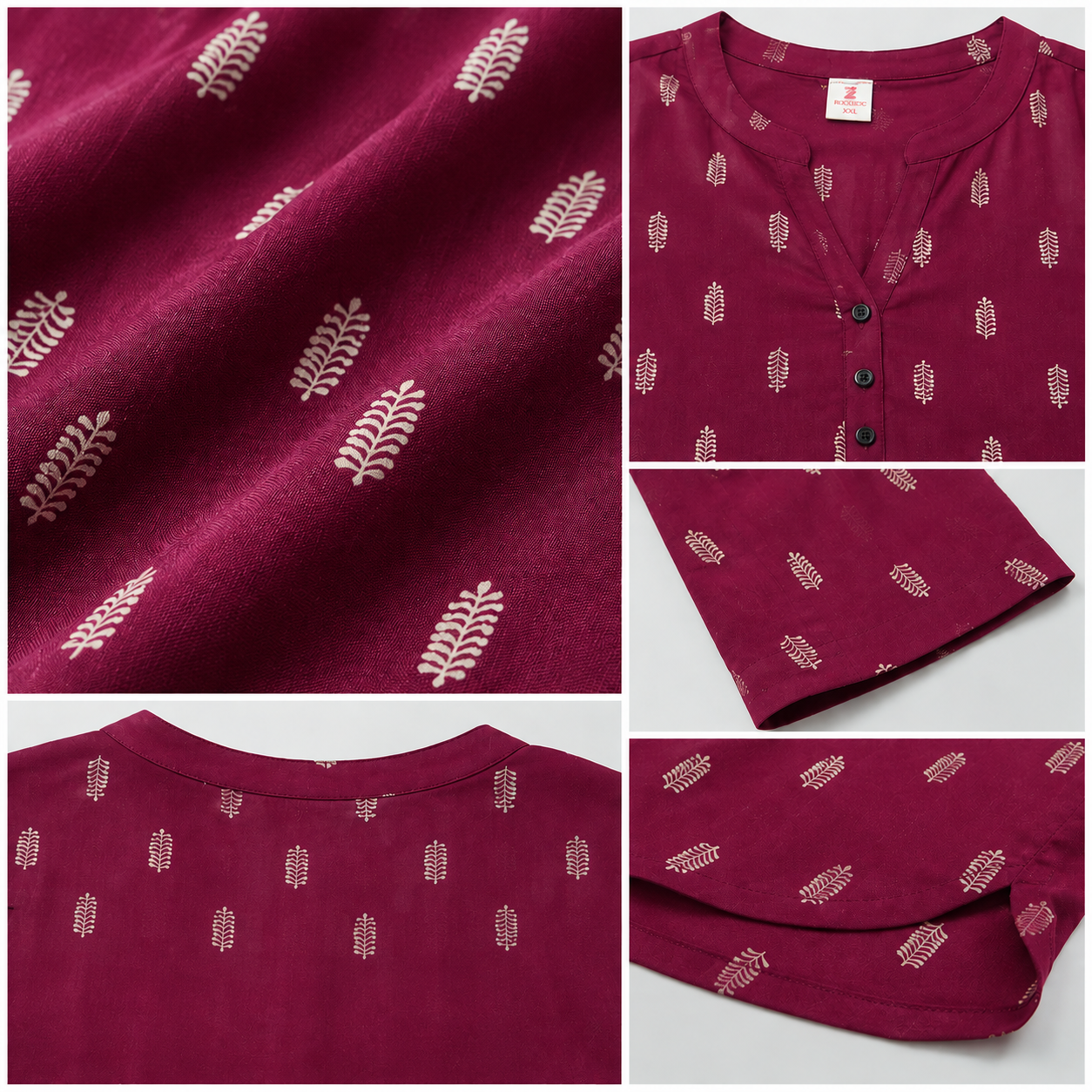 Women's Maroon and Gold-Toned Leaf Printed Short Kurti - 27227