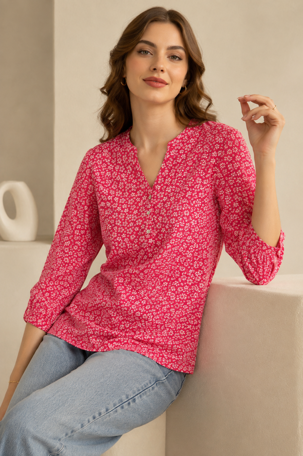 Women's Vibrant Pink and White Ditsy Floral Printed Short Kurti - 26202