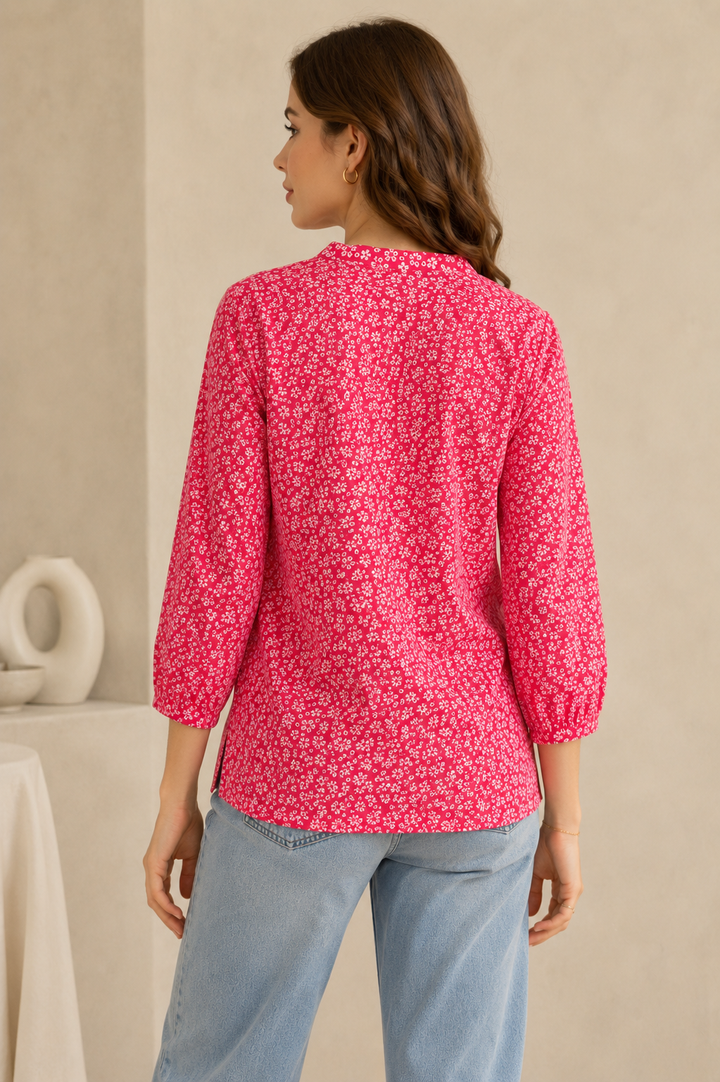 Women's Vibrant Pink and White Ditsy Floral Printed Short Kurti - 26202