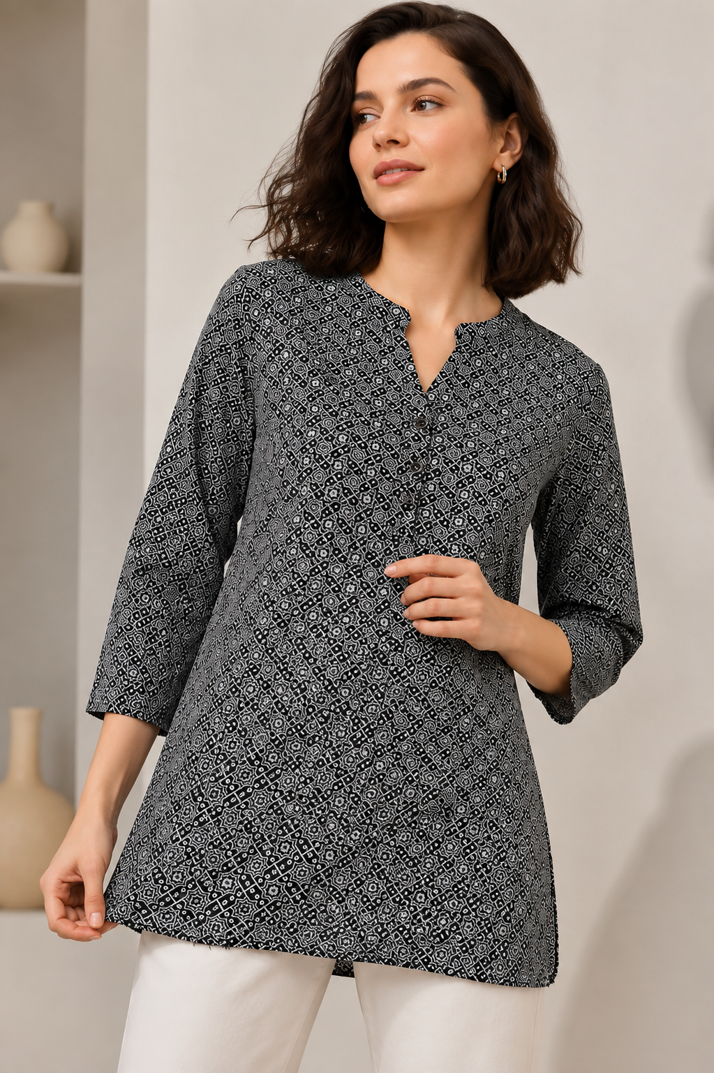 Women's Black and White Geometric Bandhani Printed Short Kurti - 27190
