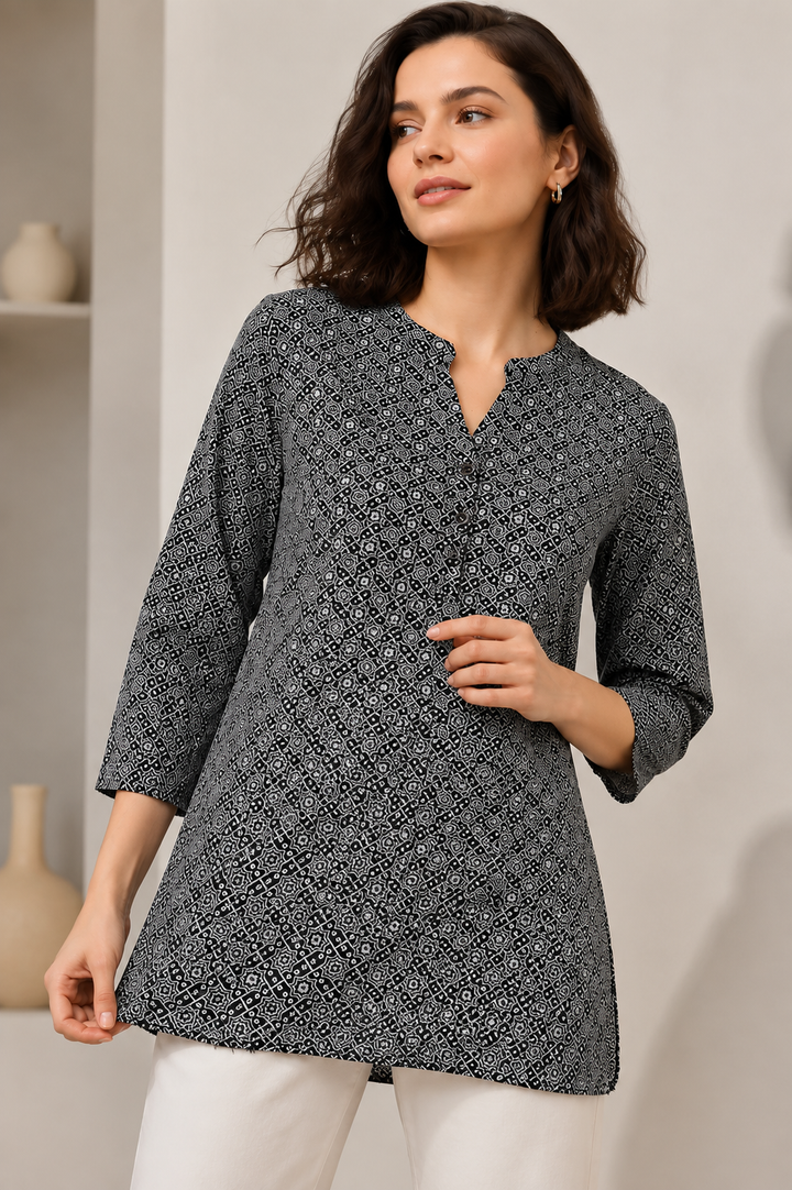 Women's Black and White Geometric Bandhani Printed Short Kurti - 27190