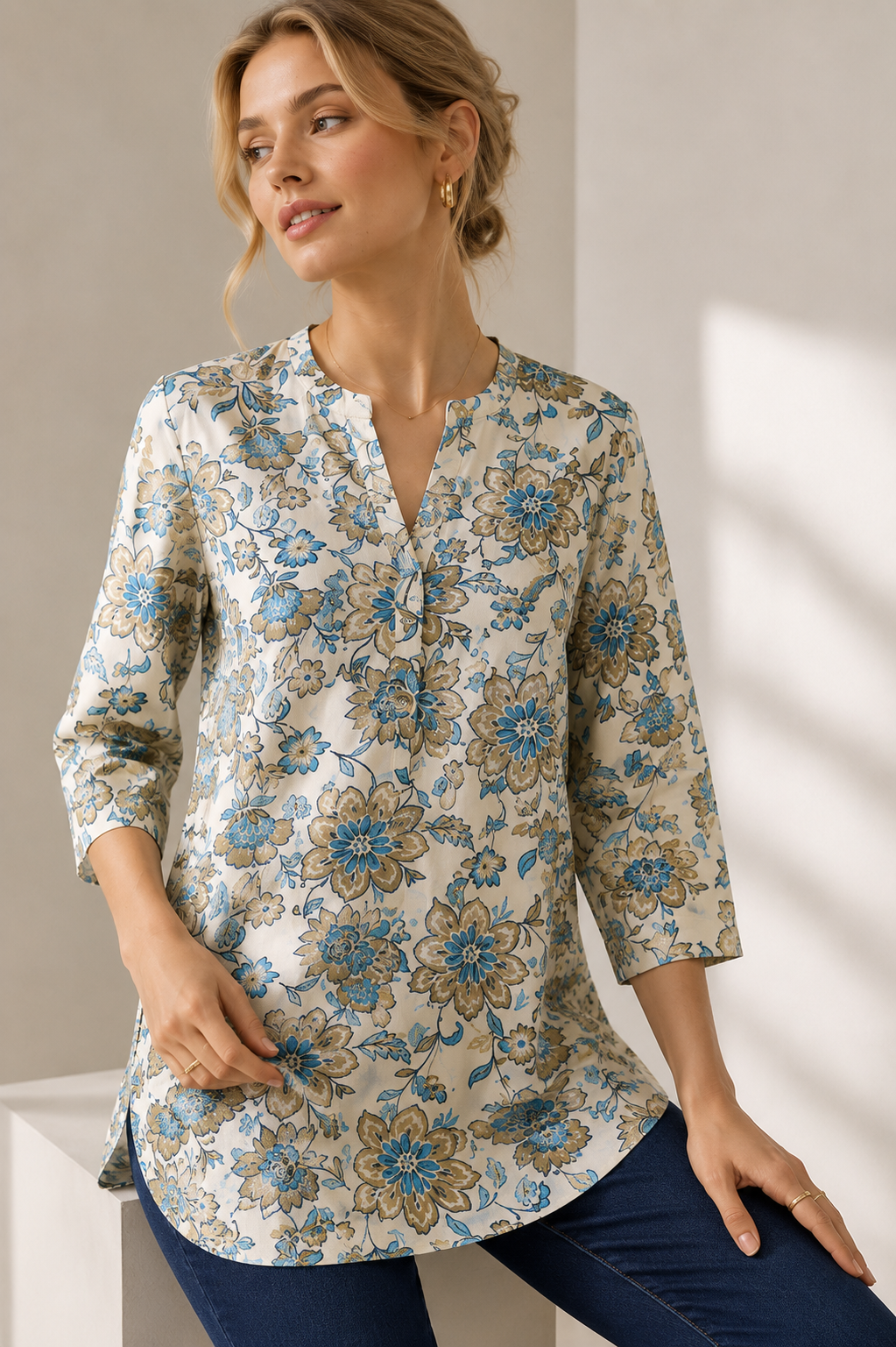 Women's Off-White, Blue, and Tan Floral Printed Short Kurti - 27214