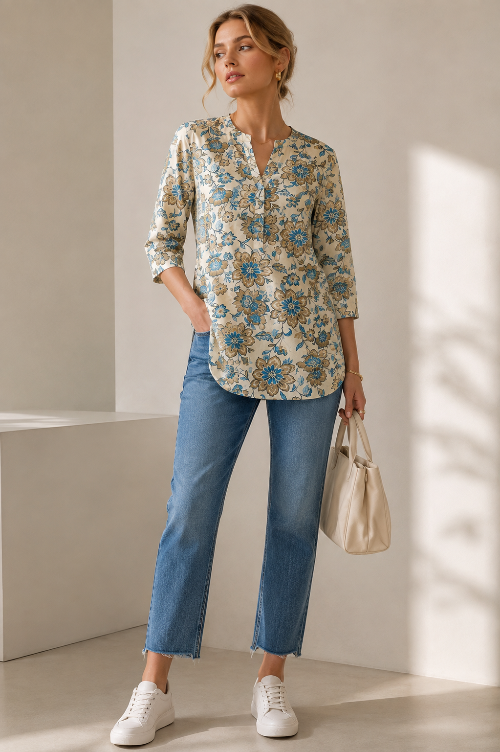 Women's Off-White, Blue, and Tan Floral Printed Short Kurti - 27214