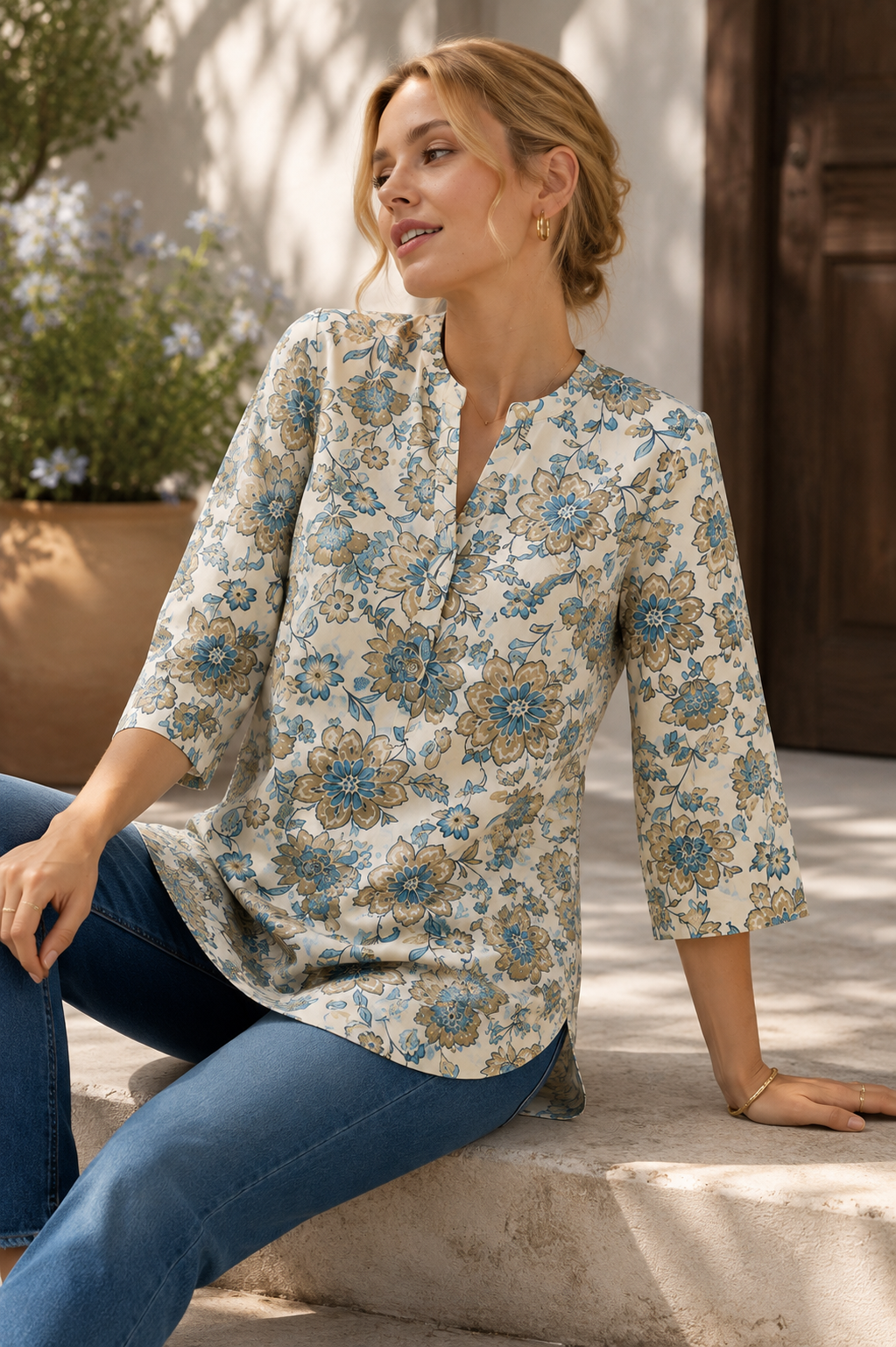 Women's Off-White, Blue, and Tan Floral Printed Short Kurti - 27214