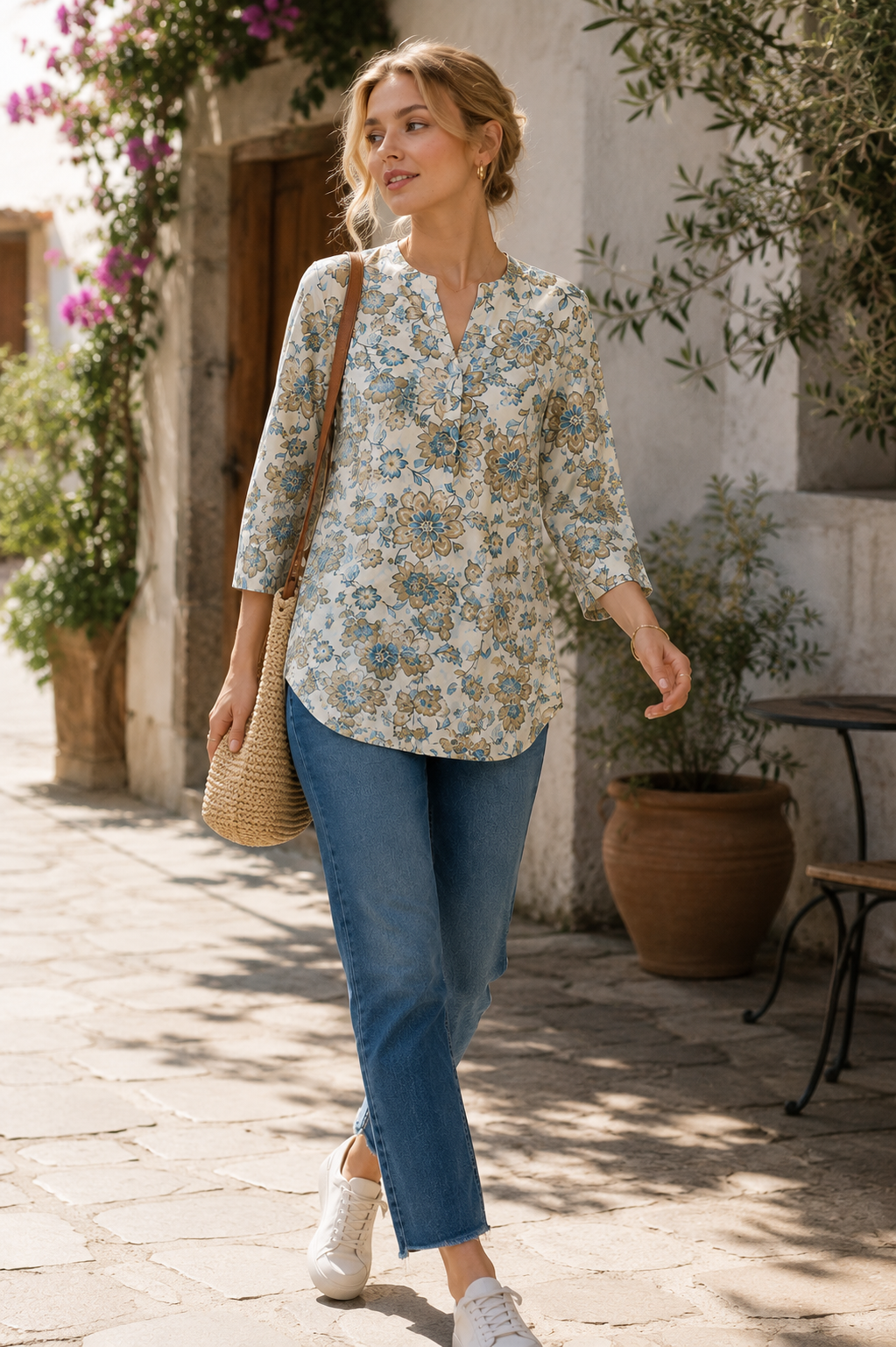 Women's Off-White, Blue, and Tan Floral Printed Short Kurti - 27214
