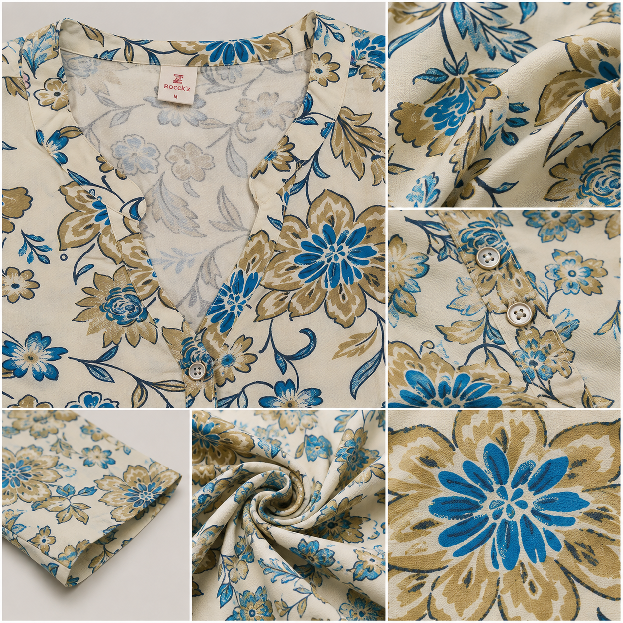 Women's Off-White, Blue, and Tan Floral Printed Short Kurti - 27214