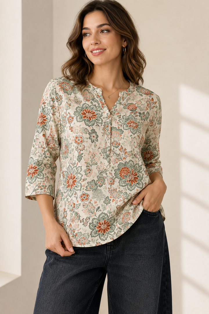 Women's Off-White, Sage Green, and Rust Floral Printed Short Kurti - 27215