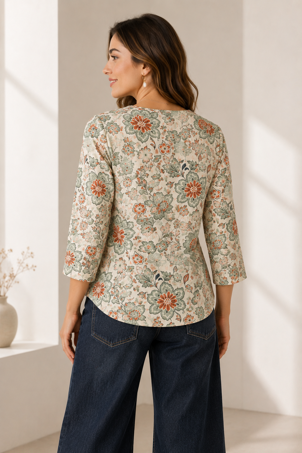 Women's Off-White, Sage Green, and Rust Floral Printed Short Kurti - 27215