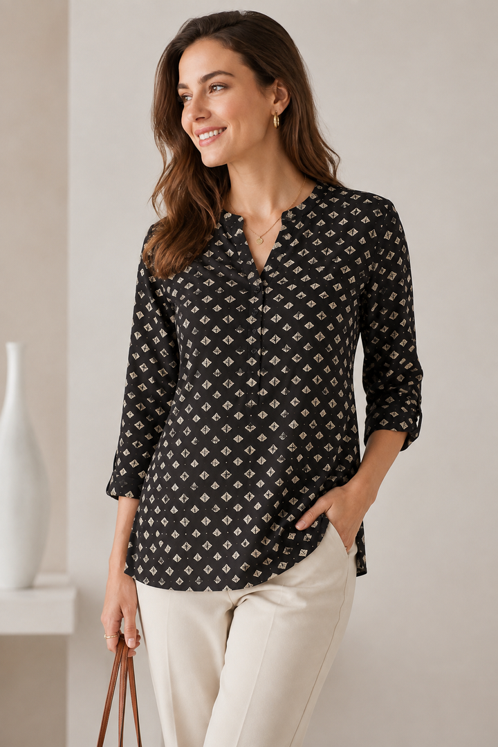 Women's Black and Gold-Toned Diamond Motifs Printed Short Kurti - 27221