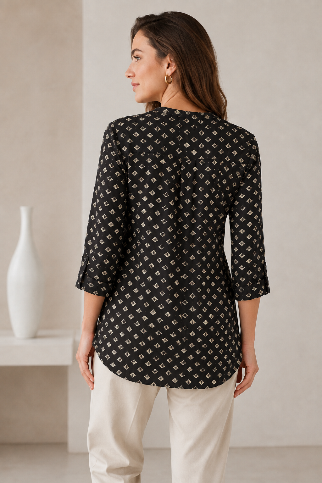 Women's Black and Gold-Toned Diamond Motifs Printed Short Kurti - 27221