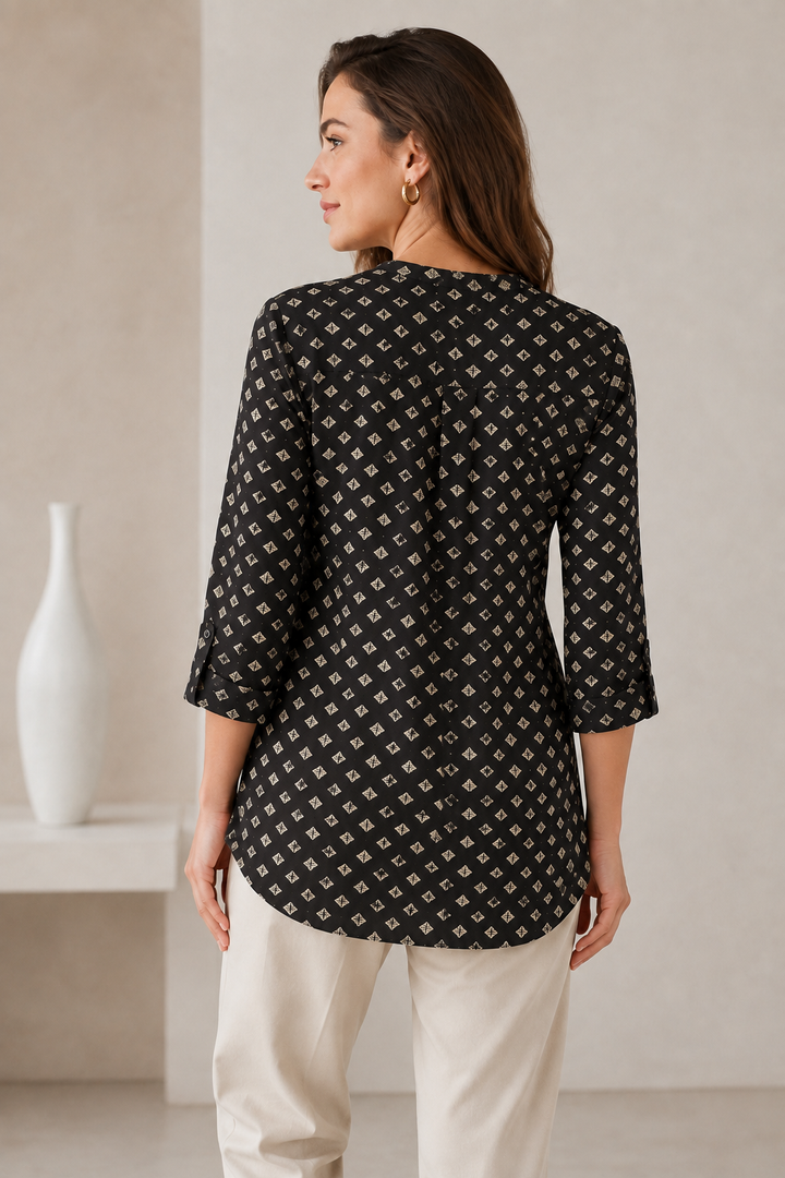 Women's Black and Gold-Toned Diamond Motifs Printed Short Kurti - 27221
