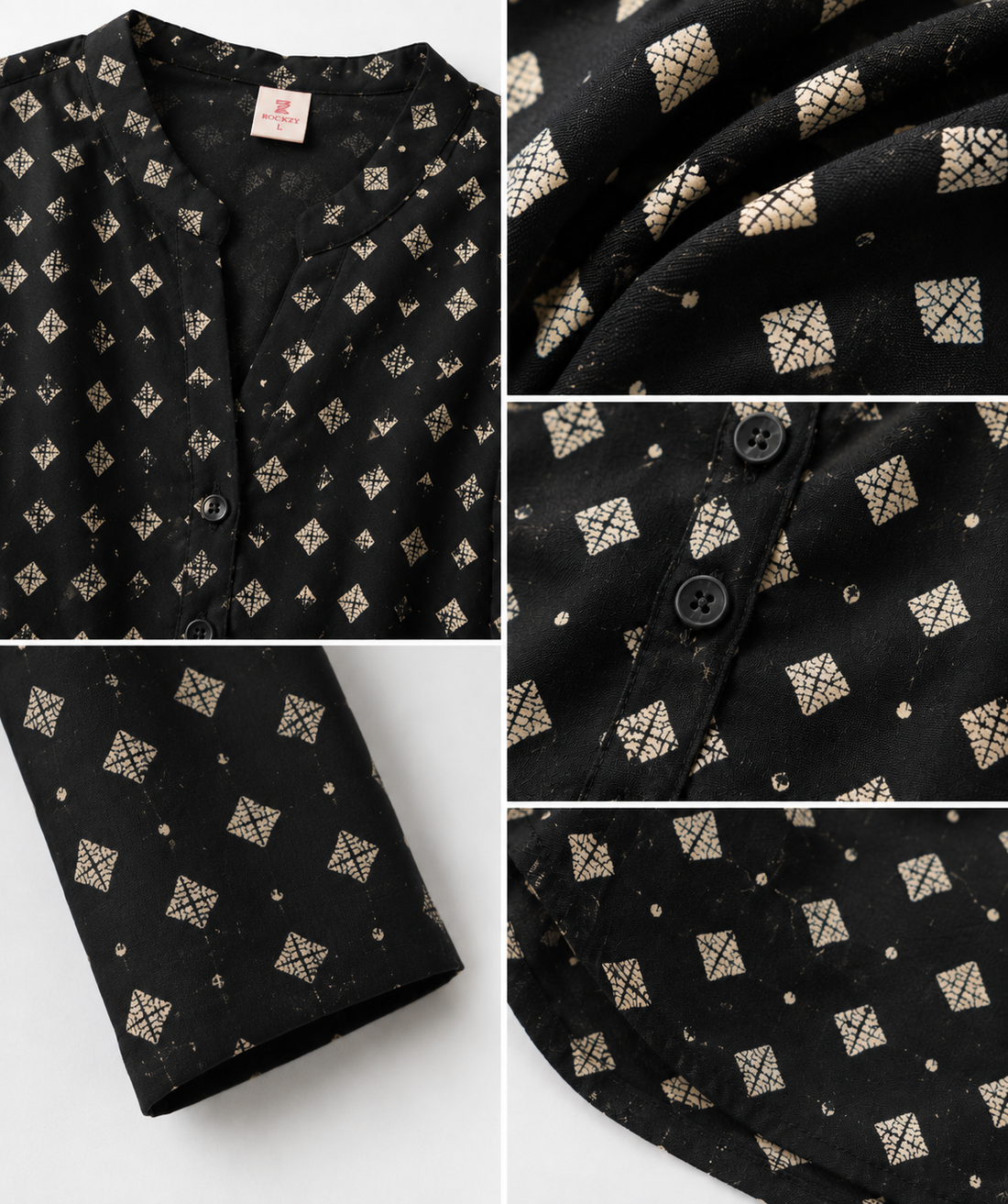 Women's Black and Gold-Toned Diamond Motifs Printed Short Kurti - 27221