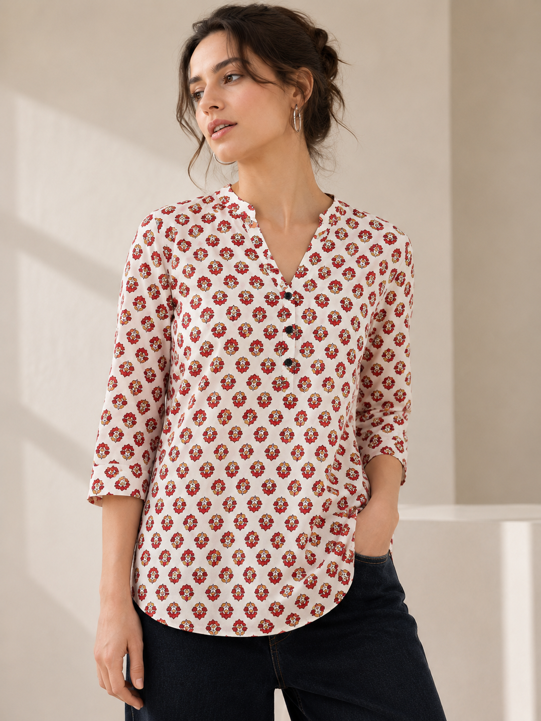 Off-White and Red Floral Printed Cotton Short Kurti - 26197