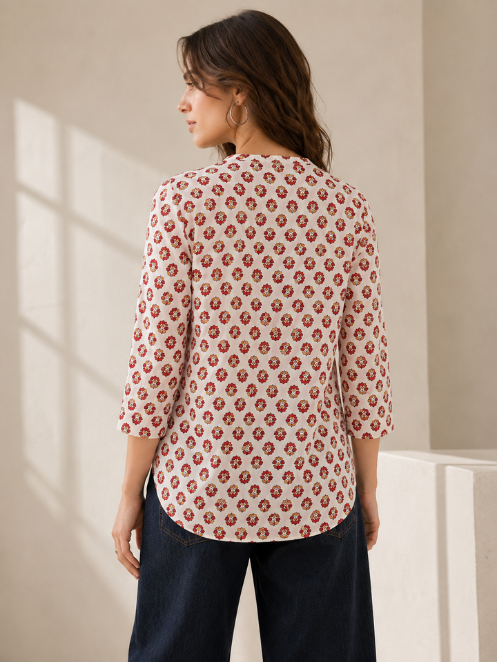 Off-White and Red Floral Printed Cotton Short Kurti - 26197