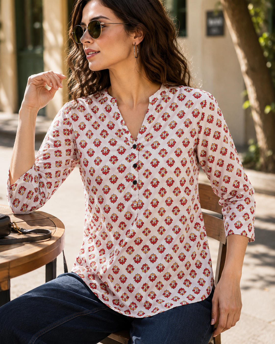Off-White and Red Floral Printed Cotton Short Kurti - 26197
